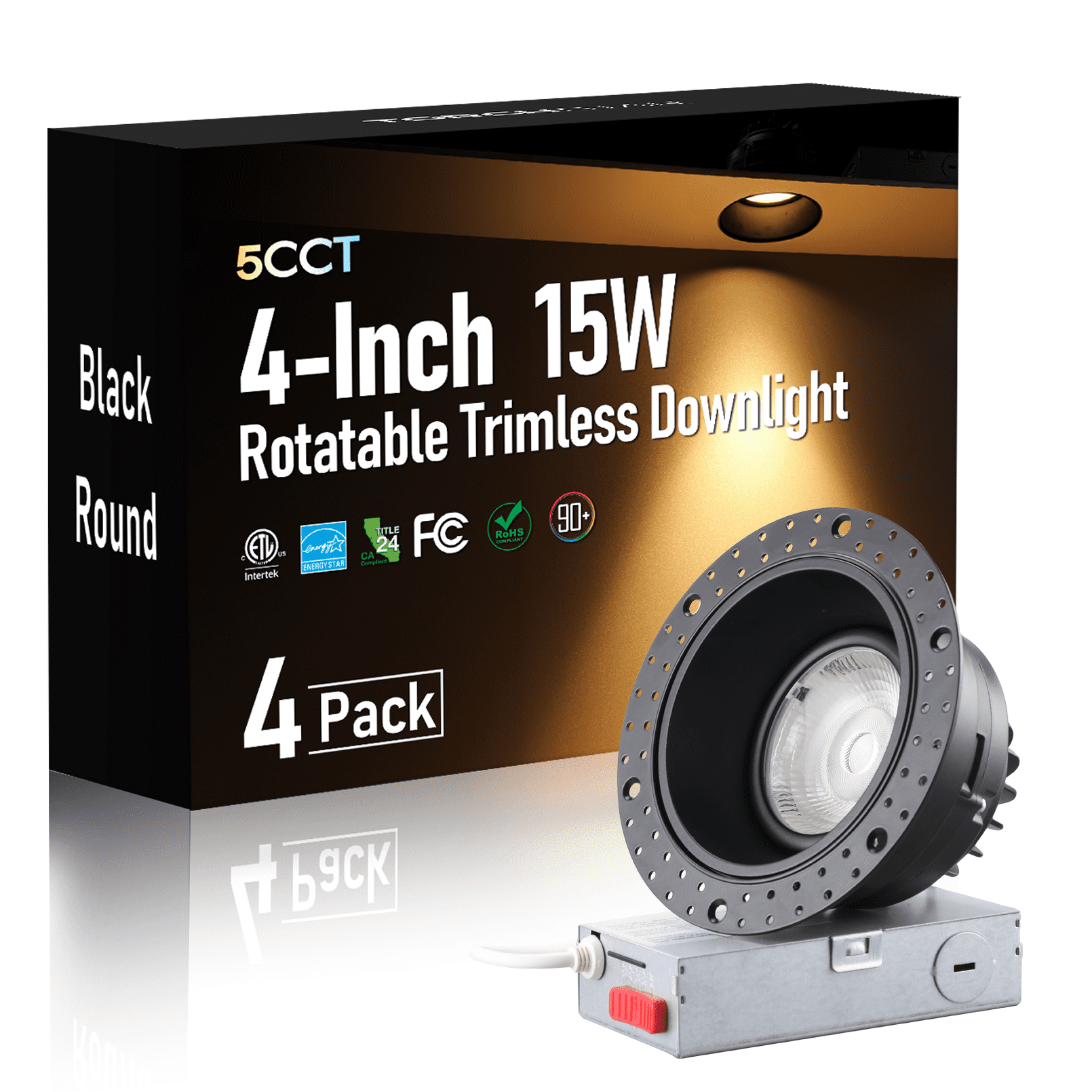 4 Pack 5CCT Round Adjustable Trimless 4-Inch LED Gimbal Recessed Light, 15W 120V Dimmable Ceiling Canless Downlight with J-Box, 2700K/3000K/3500K/4000K/5000K Selectable, Black