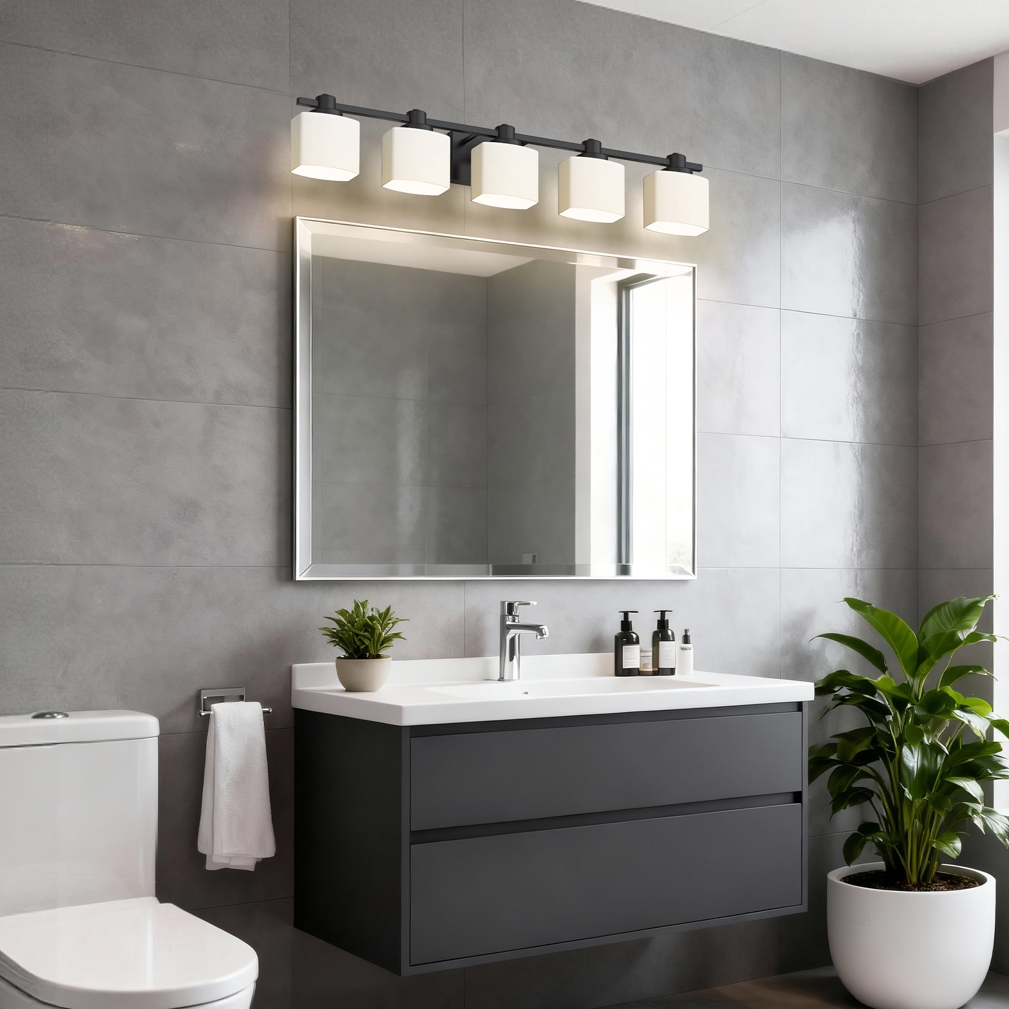YANSUN 39.8 in 5-Light Bathroom Vanity Light, Black Linear Sconce with Square Milky Glass Shades for Bathroom, Vanity Table (Bulbs Not Included)