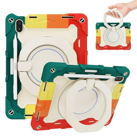 K-Lion for iPad 10th Generation 10.9 inch 2022 Heavy Duty Rugged Case, 3 Layers Multi-Functional Ring Bracket Pencil Holder Kickstand Shockproof Armor Silicone Case,Rainbowred