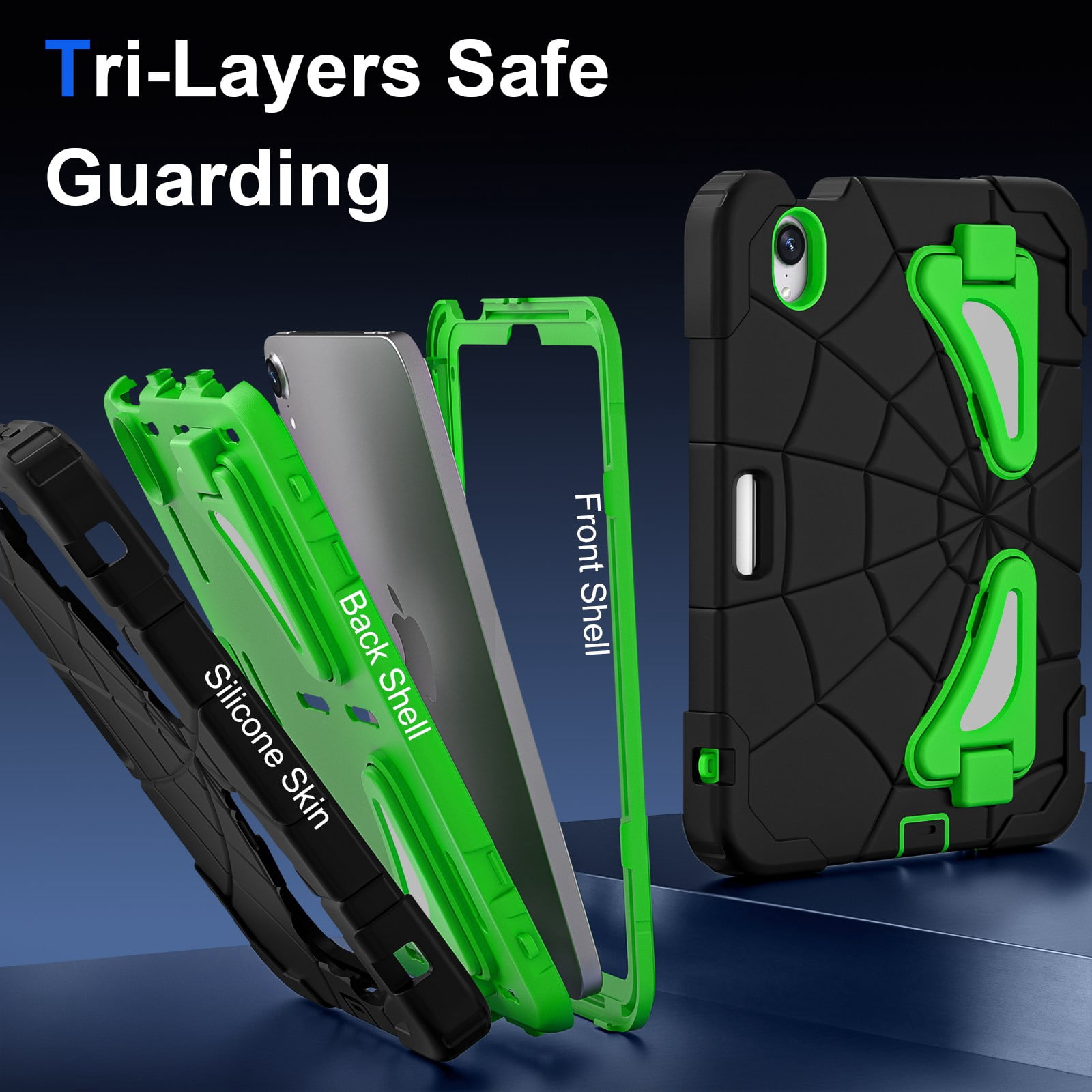 ELEHOLD Kids Friendly Case For Apple iPad mini 7th(A17 Pro) 2024/6th, Heavy Duty Shockproof Rugged Protective Case with Pencil Holder Foldable Kickstand for Boys Children Case, Black+Green