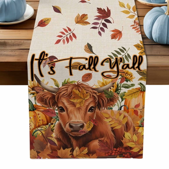 ERUNPONLY Thanksgiving Cattle Table Runner - 72 Inch Long Fall Pumpkin Sunflower Maple Leaf Beige Cotton Linen Blended Dress Scarves Farmhouse Table Runner for Kitchen Dining, Coffee Table, 13" x 72"
