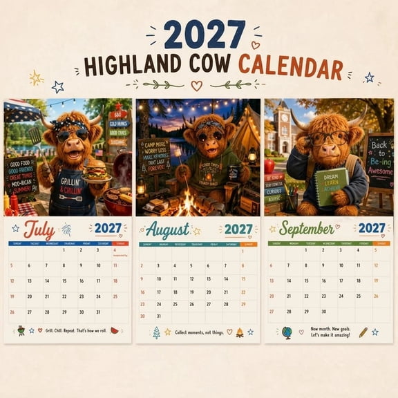 2027 Cow Wall Calendar, Funny Scottish Highland Cow Monthly Planner with Quotes