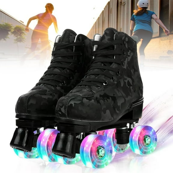 JieC Roller Skates for Girls and Boys, Adjustable Double-Row Quad Roller Skates with Light up Wheels,for Outdoor & Indoor, Black (Women's 7 / Men's 6)