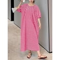 thumbnail image 6 of sicmoss Women's Red Cotton Striped Gingham Swing Dress Crew Neck Loose Fit Midi Lantern Sleeve, 6 of 7
