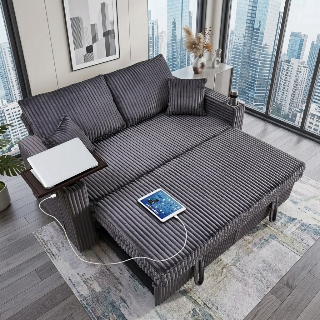 Howcool 65" 3-in-1 Convertible Sleeper Sofa Bed, Corduroy Pull Out Loveseat Futon Couch with Cup Holders & USB Charging Ports for Living Room Apartment, Dark Grey