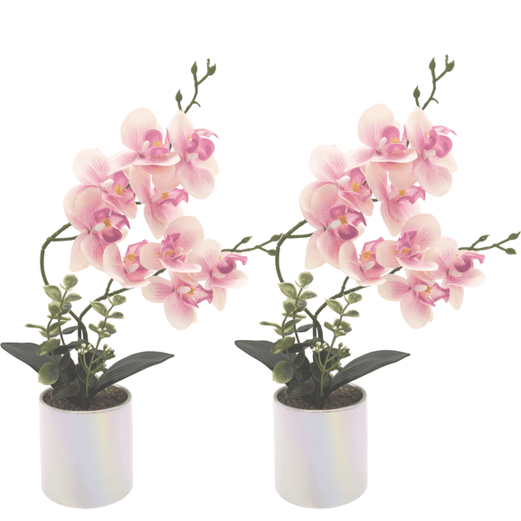 CasaVibe 2-Pack Phalaenopsis Orchids Artificial Potted Plants, Realistic Faux Blooms Lifelike Artificial Flowers with Bendable Stems & Iridescent Ceramic Plant Container for Home Decor