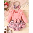 thumbnail image 3 of Cenuakty Baby Girls Shorts Set, Long Sleeve Crew Neck Romper Plaid Shorts Bow Headband Fall Outfit Clothing Set, 3 of 9