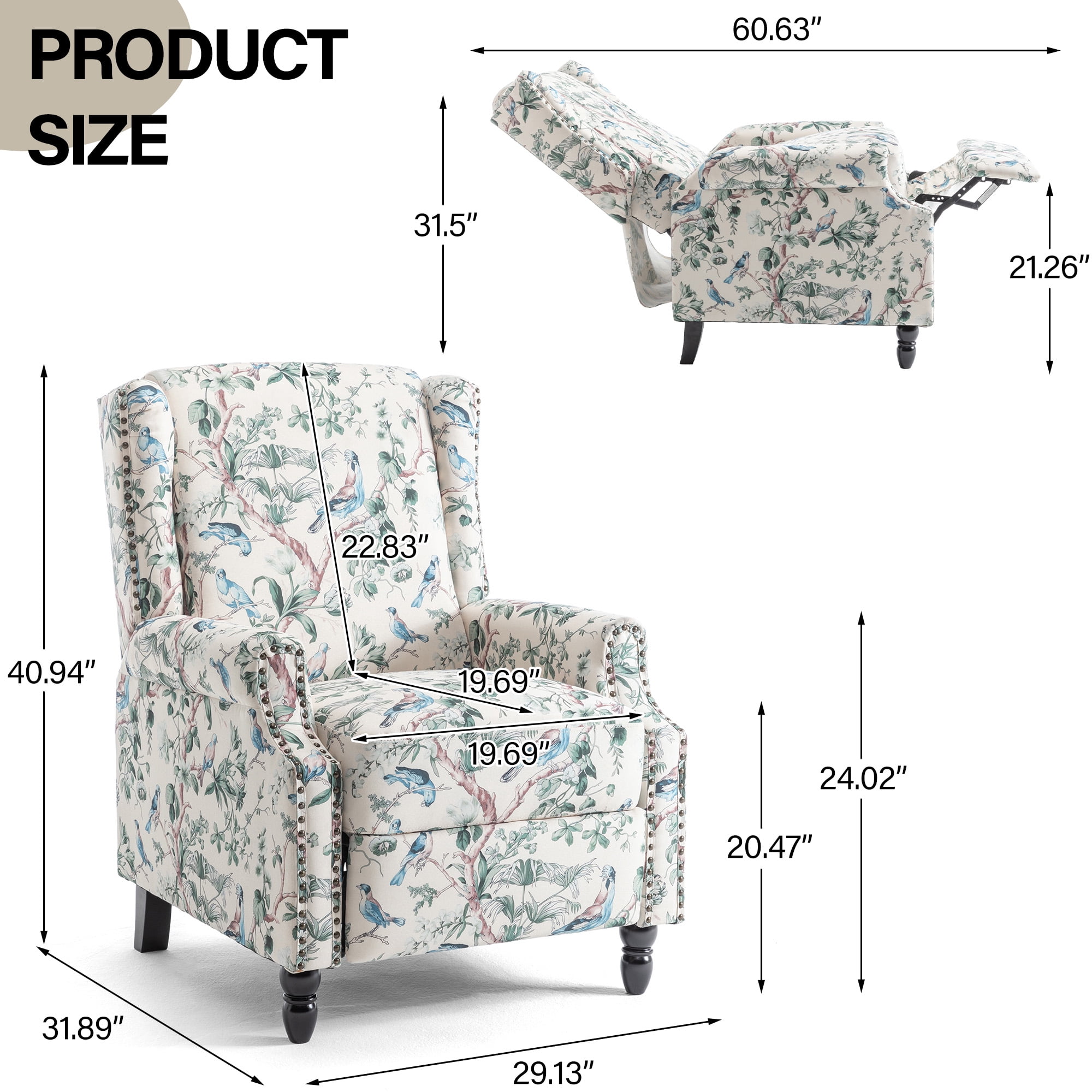 DREAMSIDEA Push Back Recliner Chair Living Room, Wingback Reclining Sofa Chair, Fabric Floral Recliner Reading Chair with Footrest for Living Room/Office/Apartment, Bird