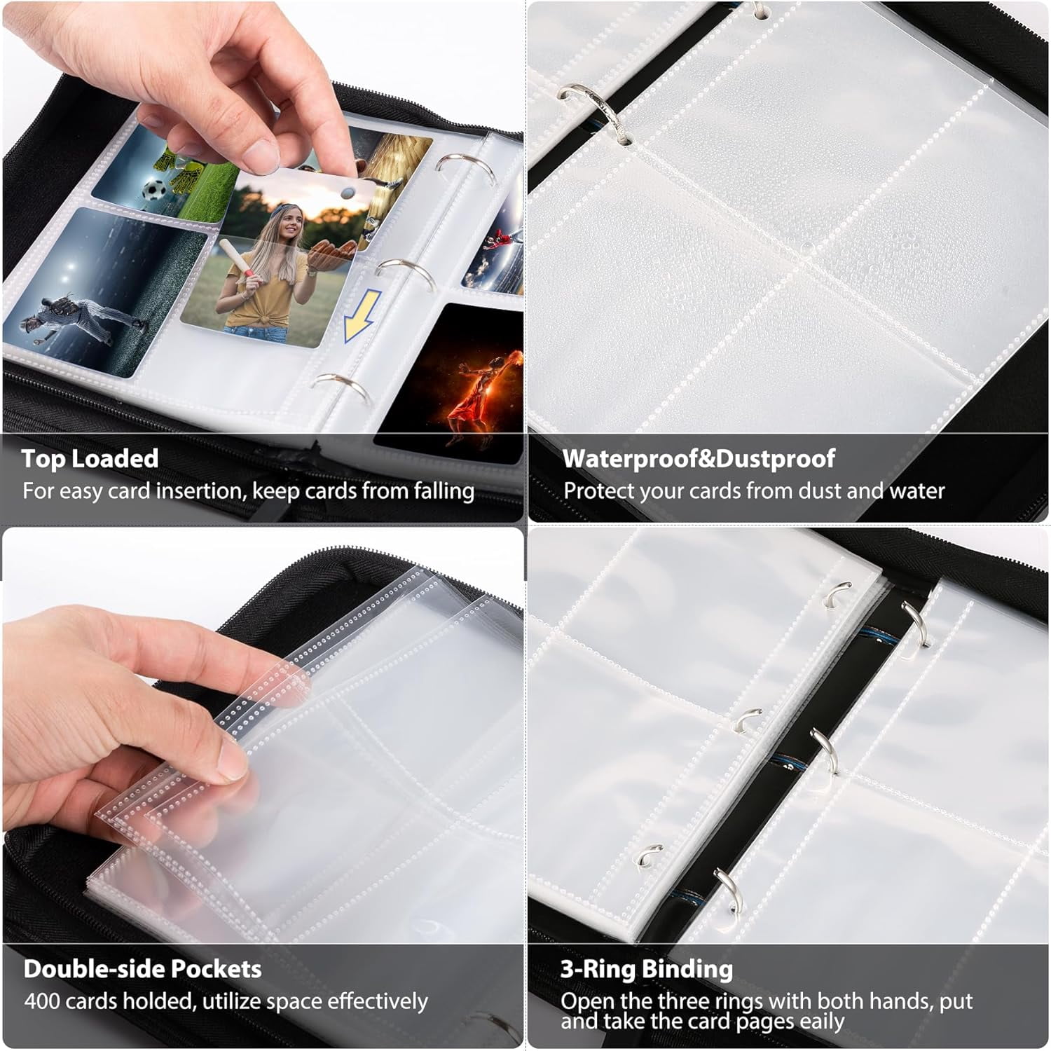 400 Pockets Trading Card Binder, 4 Pocket Zip Trading Card Binder, Double Sided Pocket PU Card Collection Binder Holder Carry Card Case for Baseball Card, Football Card, Game Cards
