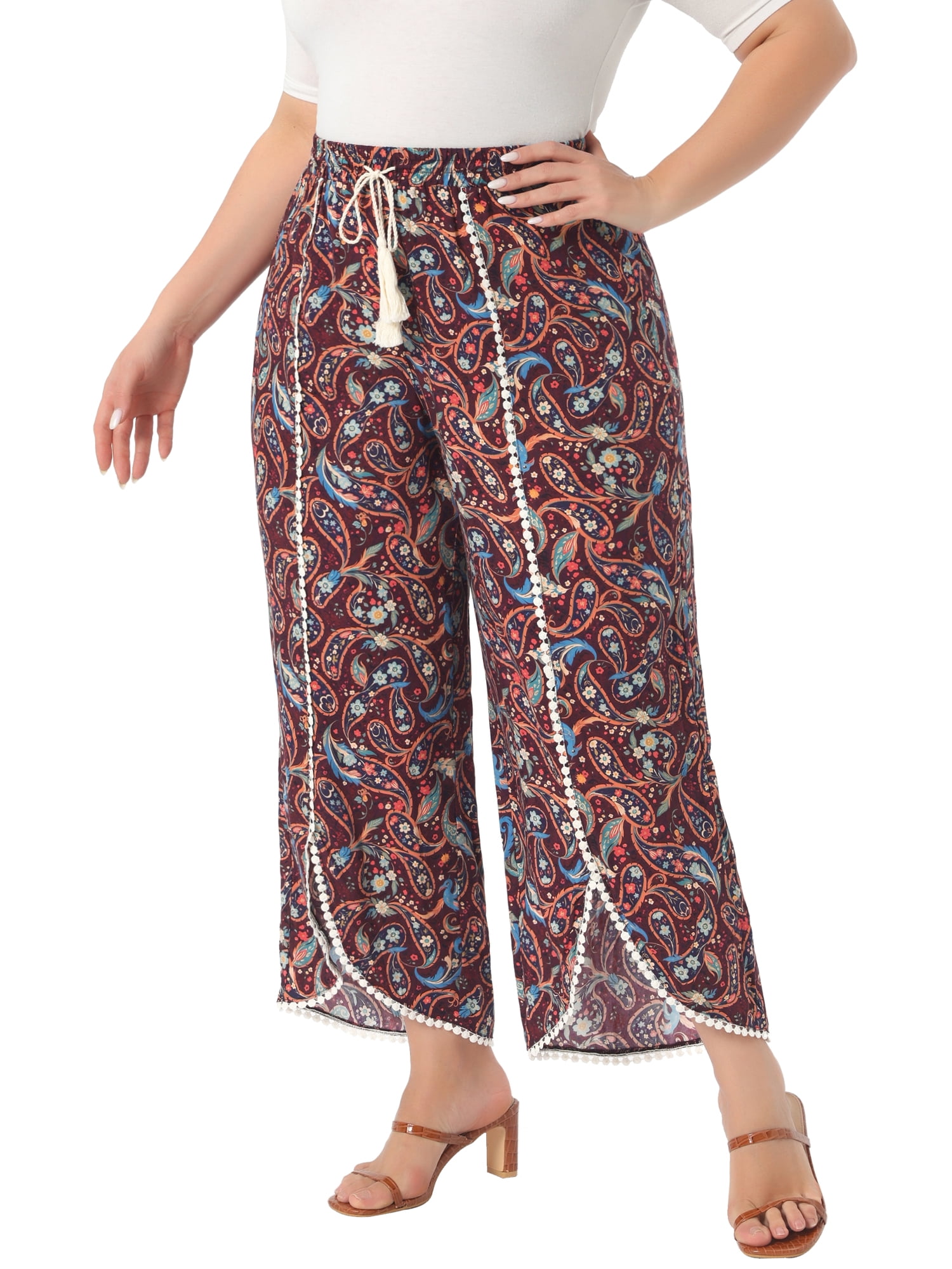 DARING DIVA Women's Plus Size Elastic Waist Flowy Striped Wide Leg Pant 4X Brown Red