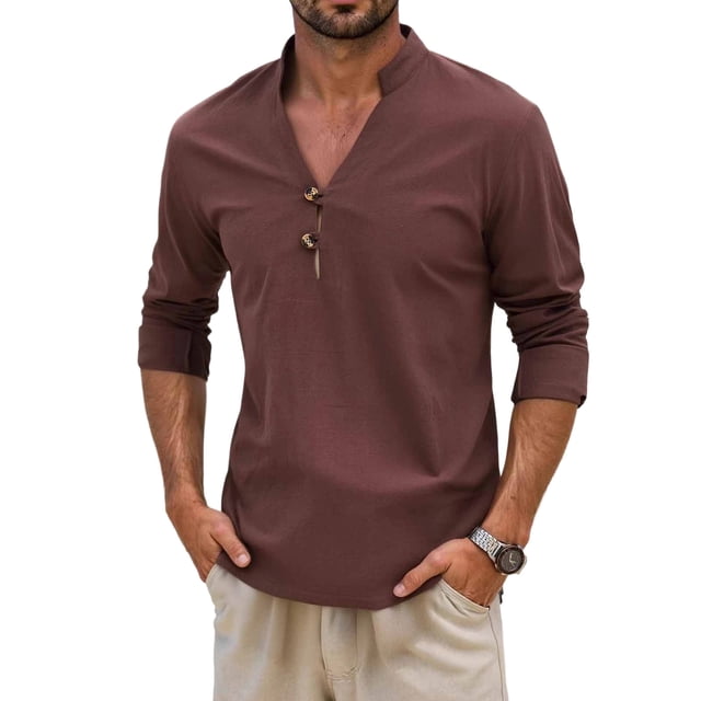 Camisas de los Hombres de Manga Larga Casual Color Sólido Solapa Mezcla de Lino, Suéter de Mitad de Cremallera para el Ocio Diario Al Aire Libre