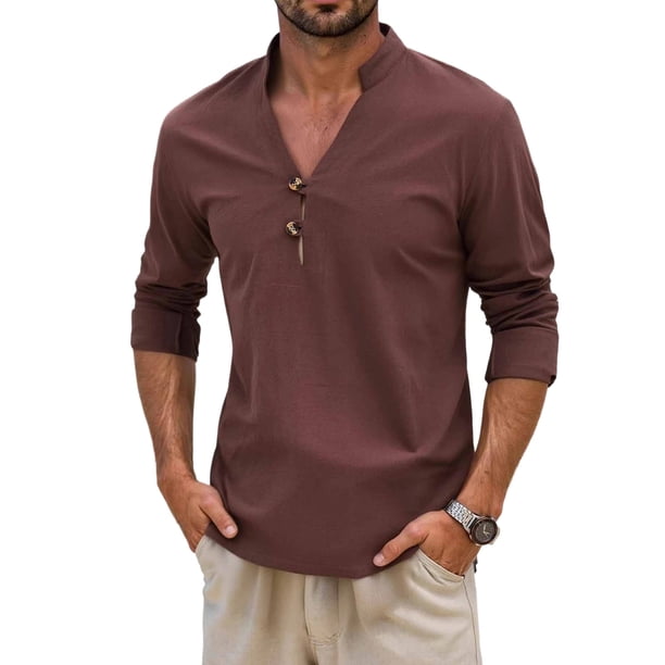 Camisas de los Hombres de Manga Larga Casual Color Sólido Solapa Mezcla de Lino, Suéter de Mitad de Cremallera para el Ocio Diario Al Aire Libre
