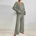 thumbnail image 4 of 2 Piece Sweater Sets For Women V Neck Long Sleeve Knit Sweater Wide Leg Pants Sweatsuit Fall Lounge Wear Army Green 2XL, 4 of 6