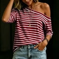thumbnail image 4 of DeHolifer Women's T-Shirts Casual Off-shoulder Striped Printed Short Sleeve Turtleneck Tops Wine M, 4 of 8