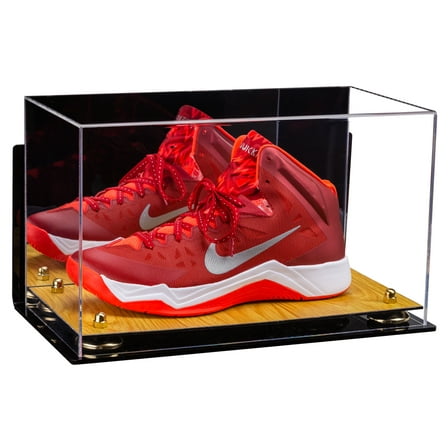 Deluxe Acrylic Large Shoe Display Case for Basketball Shoe Soccer Cleat Football Cleat with Mirror, Wall Mount, Gold Risers and Wood Base (A013-GR)