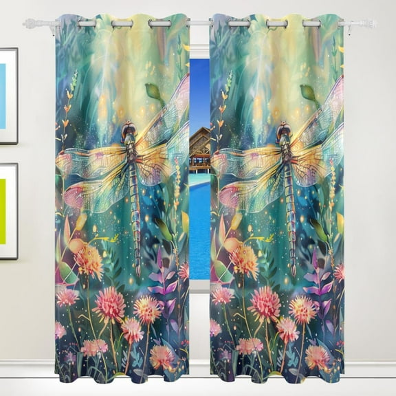 Dragonfly Garden Flowers Curtains Black Out 72 Inch Length Curtains for Sliding Glass Doors Bedroom Living Room 2 Pack