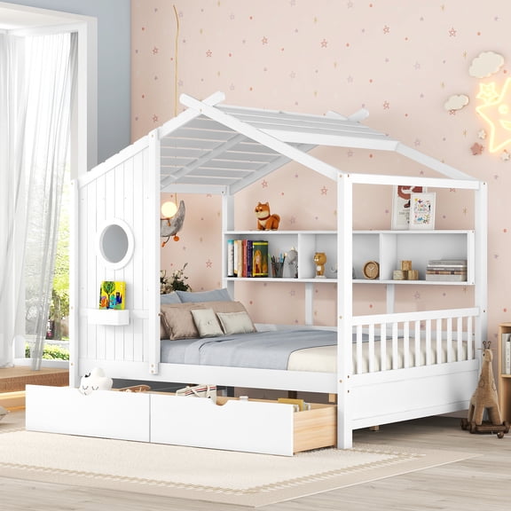 Full Size House Bed Modern Wood with 2 Storage Drawers and Shelf Playhouse Design for Bedroom Nursery Space Saving, White