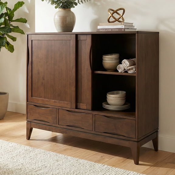 Harper 48 inch Wide Solid Hardwood Mid-Century Modern Medium Storage Cabinet in Walnut Brown
