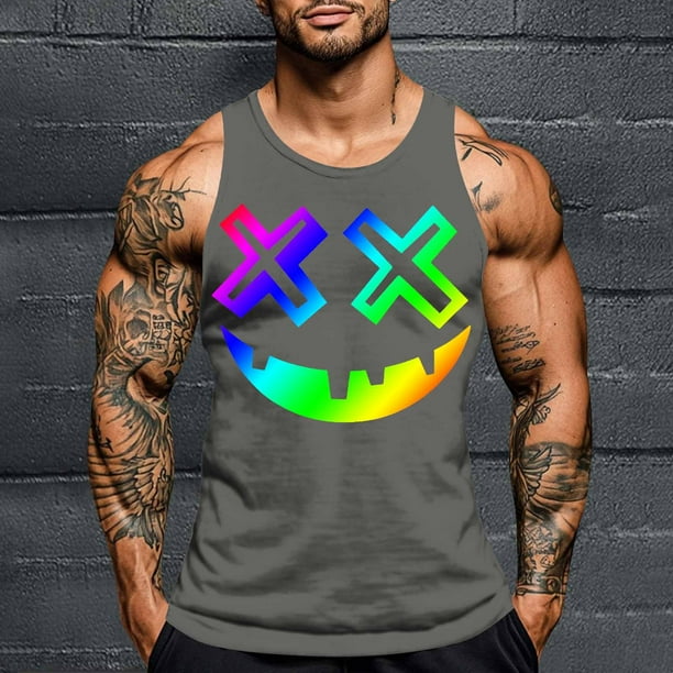 Camiseta sin mangas de cuello redondo para hombre, con estampado de Halloween, cuello redondo, estilo informal, deportiva, para hombre