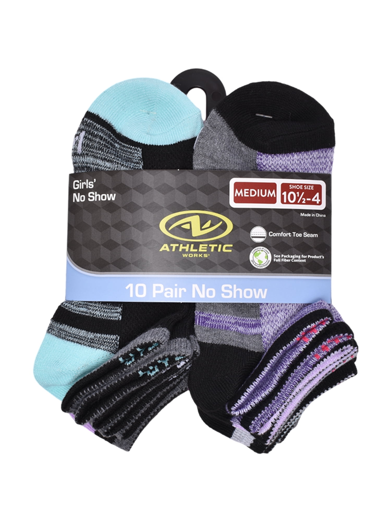 Athletic Works Girls Cushioned No Show Socks, 10-Pack, Sizes S (6-10.5) - L (4-10)