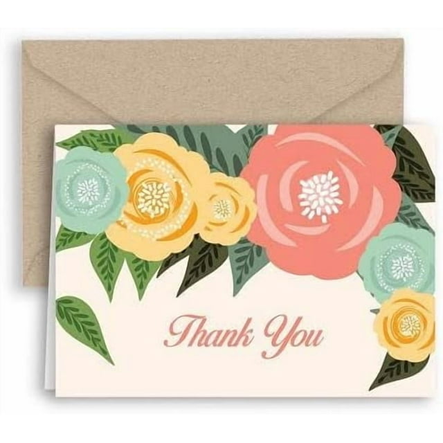 POP Floral Thank You Note s & Envelopes - 25 Pack with Kraft Envelopes