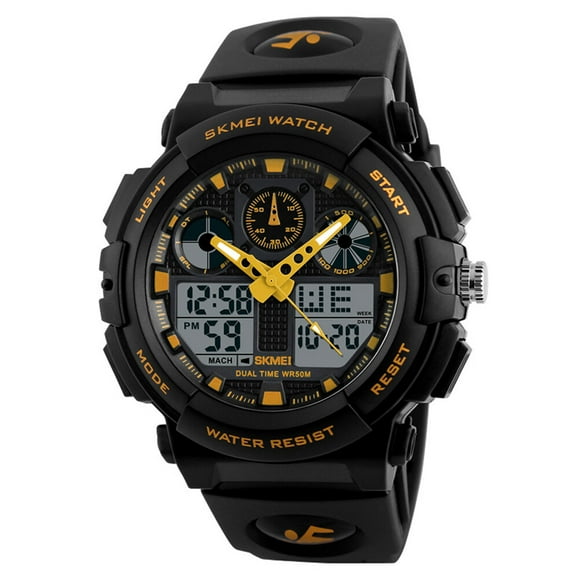 EeaseMX Reloj deportivo para hombre, resistente al agua, estilo militar, analógico, de cuarzo, digital, LED, con doble pantalla, cronógrafo de doble hora, dorado, 1270