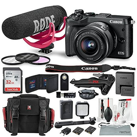 Canon EOS M6 Mirrorless Digital Camera with 15-45mm Lens Video Creator Kit and Bundle w/ Xpix Pro Tripod, Case, Strap, Cleaning Kit +