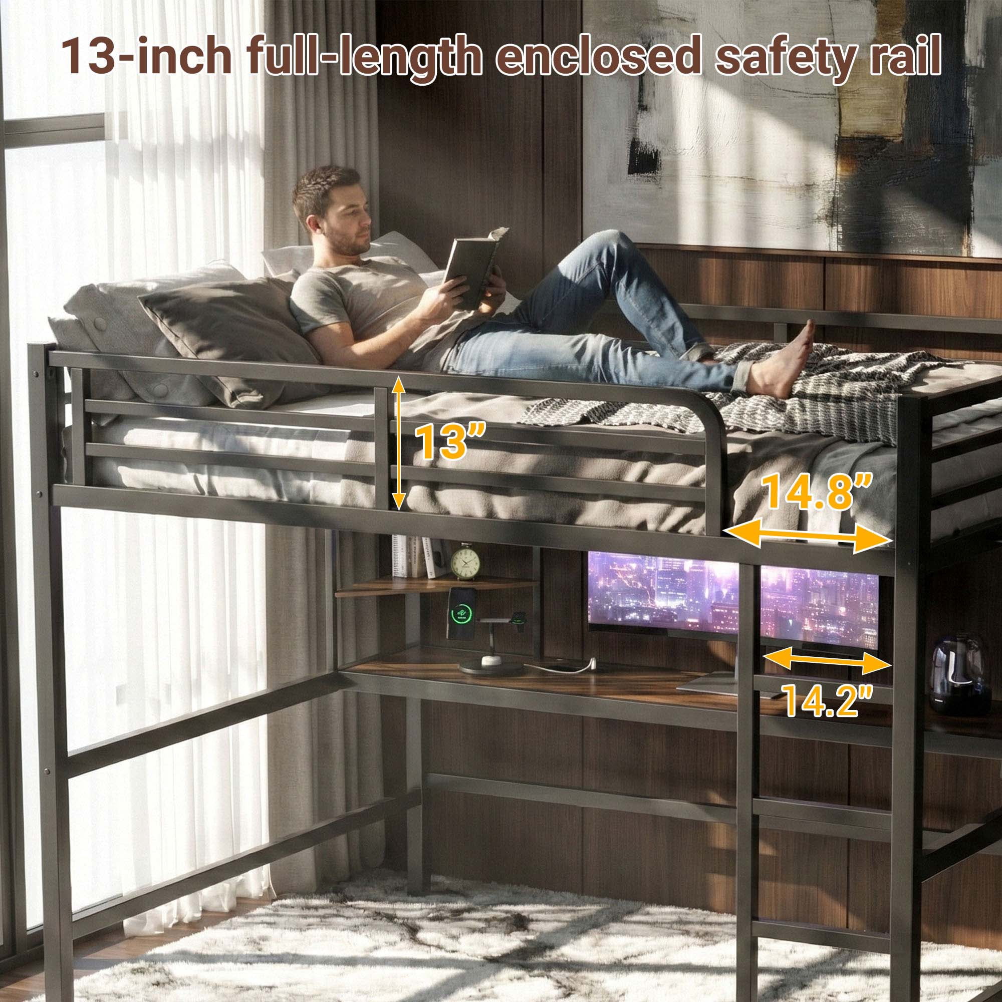 Queen Size Loft Bed Frame with Desk, Shelves, LED Lights & Charging Station, Metal Loft Bed for Adults, Black