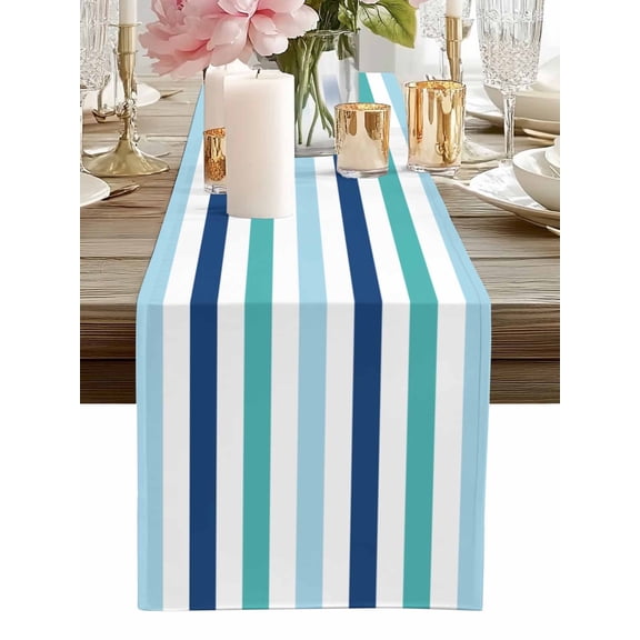 Table Runner Navy Teal Blue Stripes Table Runners Lines Striped Cotton Linen Dresser Scarf Kitchen Dining Table Decor for Home Dinner Party Decor 13x36 Inch