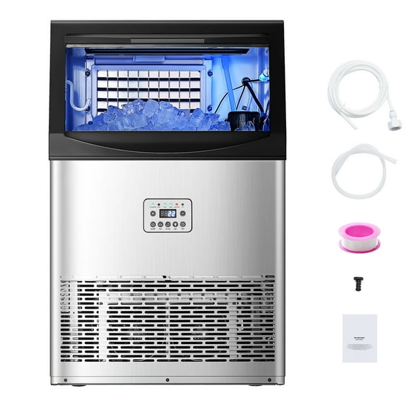 KFFKFF Commercial Ice Maker Machine, 90lbs/24H Capacity with 33lbs Storage, Produces 50 Ice Cubes in 15 Minutes, LED Display, Freestanding Design with Self-Cleaning Feature for Bar, Office