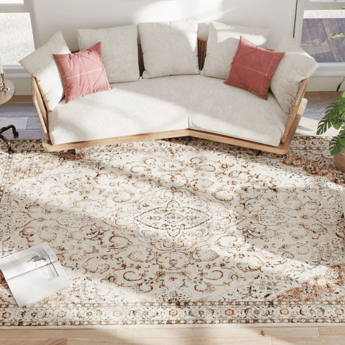 Symmetrical Floral Pattern Area Rug 83.9"x59.8" Flannel Soft Non-Slip TPR Backing Machine Washable Rug for Living Room Bedroom