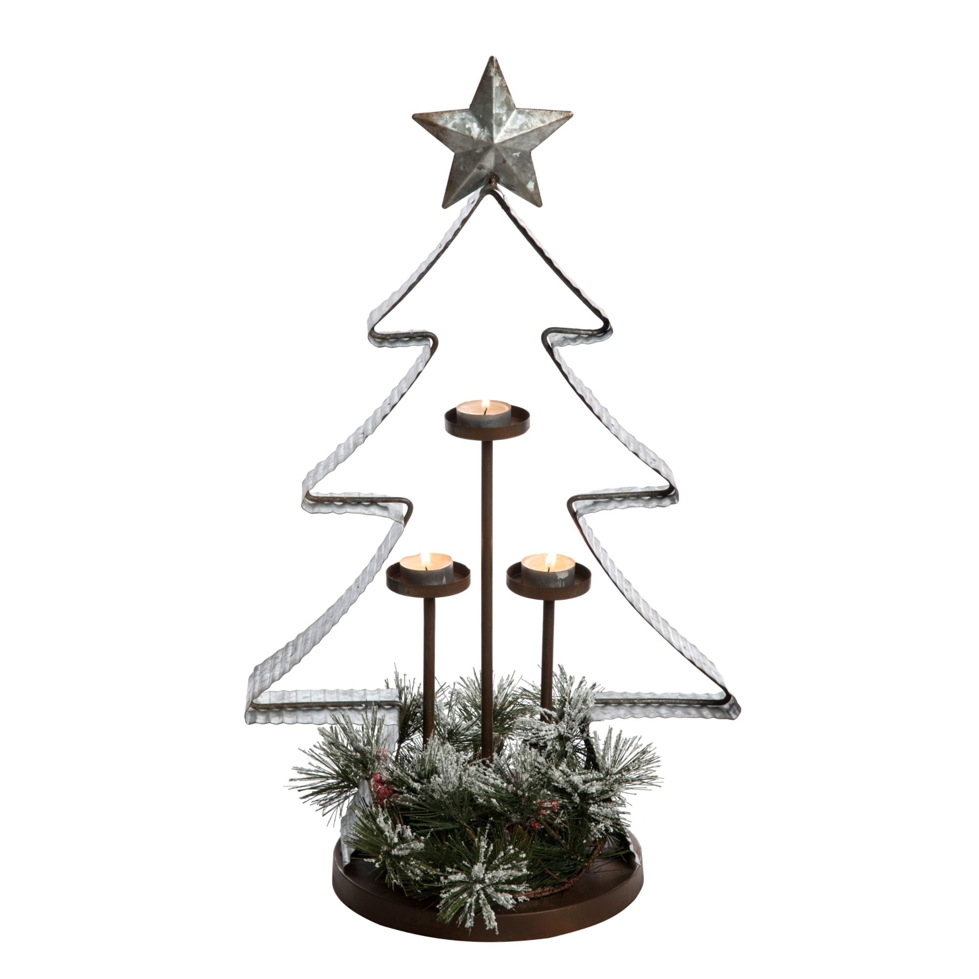 24" Silver and Green Christmas Galvanized Tree Candle Holder