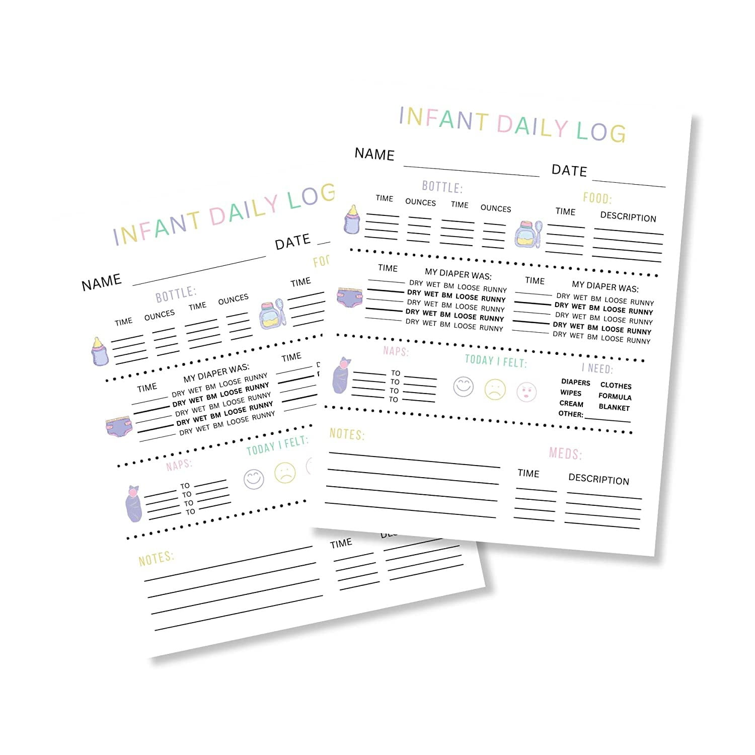 Infant Daily Log Sheets for Daycare Mothers Day Out 100 pk Report Sheets Single Prints Individual Daily Tracker Infant Log Book Send Home Form for Parents
