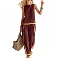 thumbnail image 3 of Costeam Womens Color Block Stripe Two Piece Matching Outfit Crew Neck Sleeveless Tank Top Side Slip Pockets Loose Full Elastic High Waist Wide Leg Pants Lightweight Set, 3 of 9