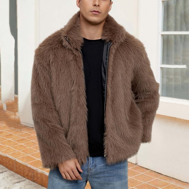 Ceisia Trendy Warm Men's Loose Fit Stand-Collar Faux Fur Jacket Gift
