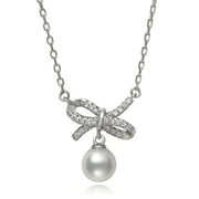 PEARLZZZ Cultured Freshwater Pearl and Cz Sterling Silver Bow Chain Necklace
