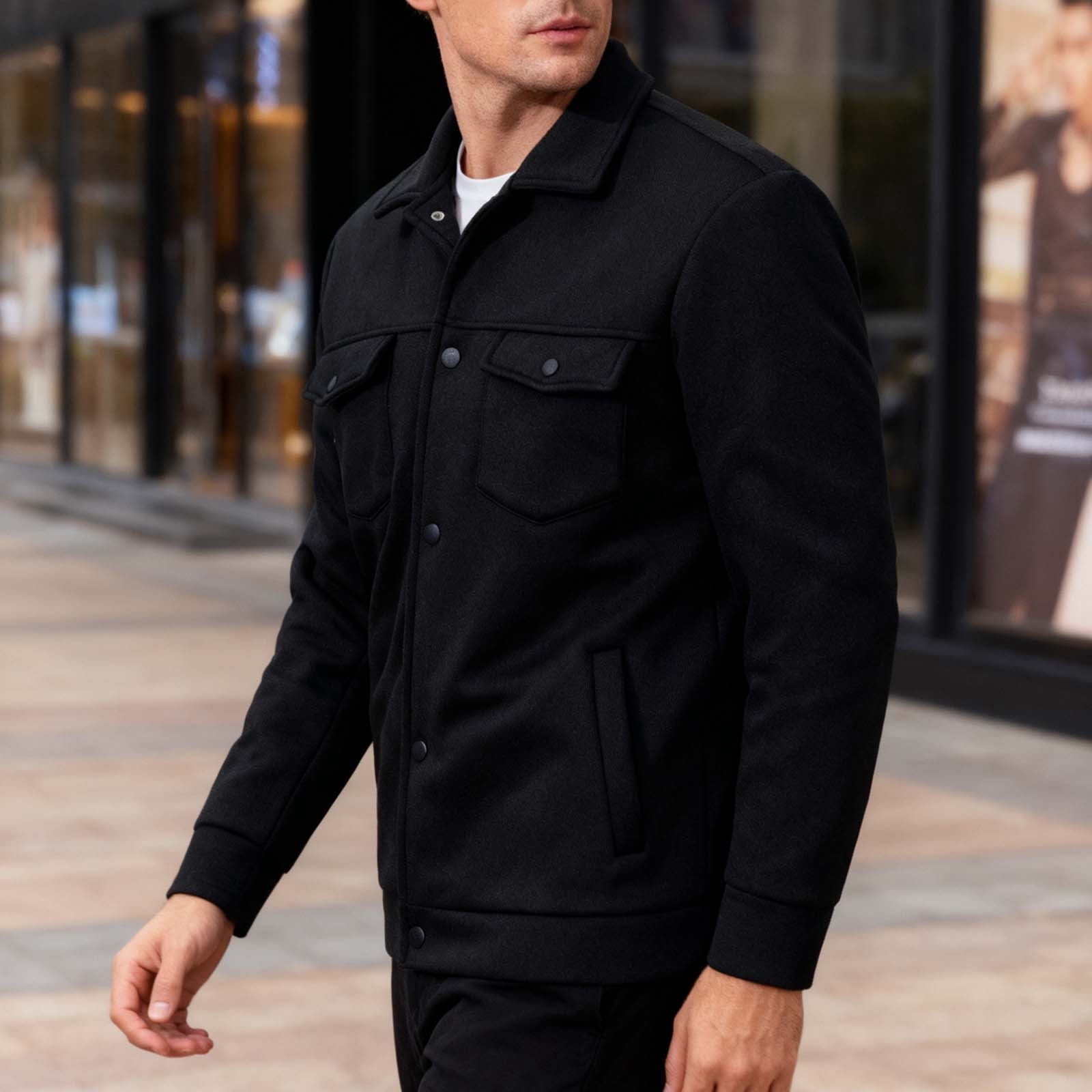KeShDi Leather Jacket Mens Fleece Jacket Men Casual Fashion Snap Button Cardigan Flip Collar Pocket Long Sleeve Jacket Coat Black 2X