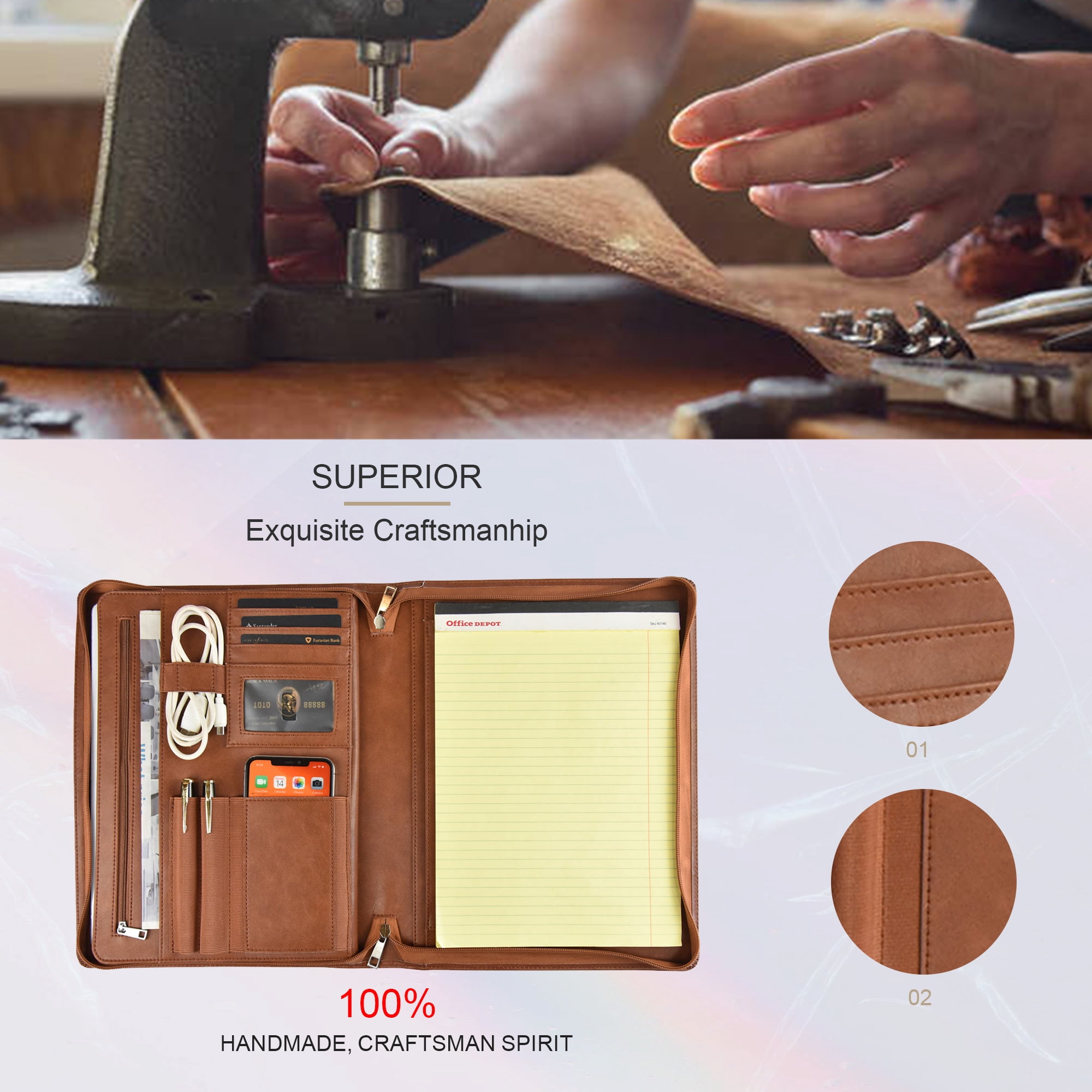 LeatherBelief Leather Padfolio Professional Business File Folder with A4 Letter Size Document Holder, Brown