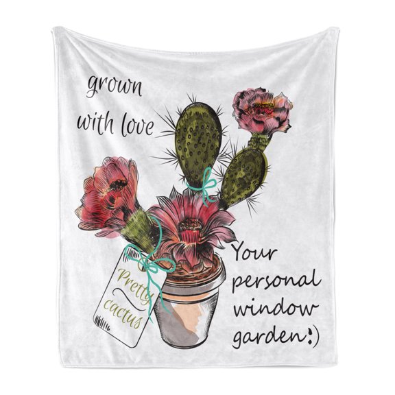 Cactus Soft Flannel Fleece Blanket, Sketch Prickly Pear Watercolor Style Exotic Tropic Succulent Plant for Window Garden, Cozy Plush for Indoor and Outdoor Use, 70" x 90", Multicolor, by Ambesonne