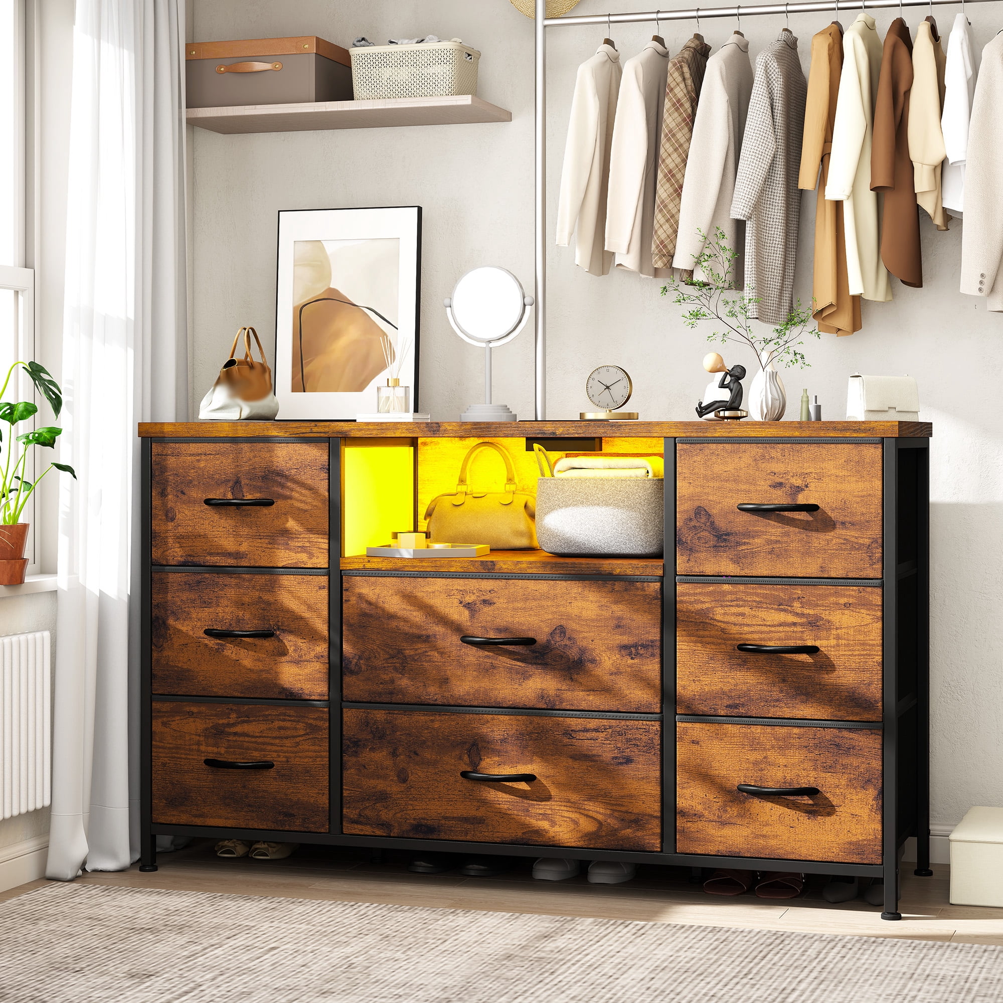 Romorgniz Dresser TV Stand for 55 inch TV with LED Lights & Charging Station Dresser for Bedroom with 8 Drawers, Rustic Brown