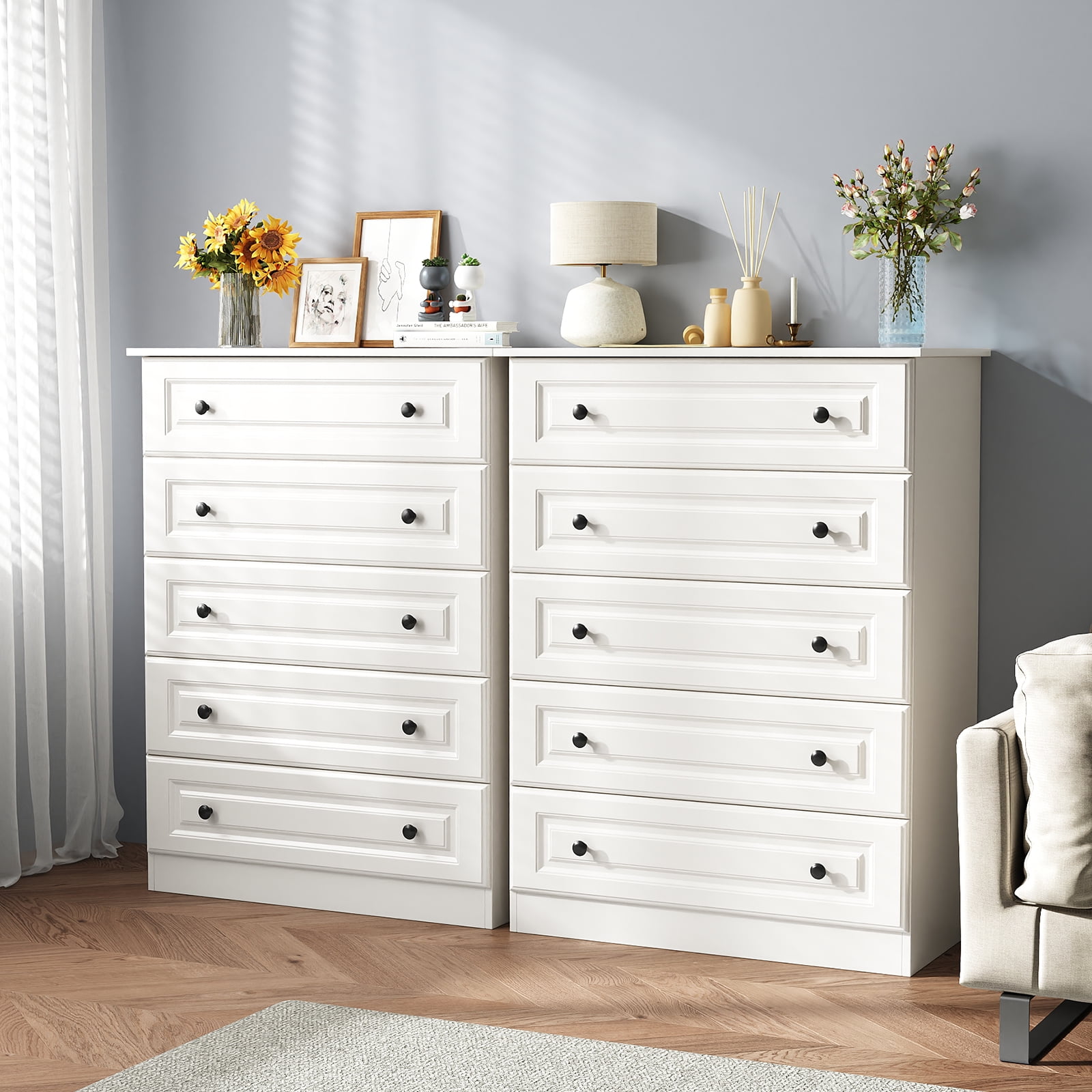IDEALSOUL Dresser for bedroom,5 Drawer Dresser Tall White Dresser with Large Storage Space, for Bedroom,Hallway,Entryway