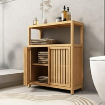 Bamboo Bathroom Storage Cabinet Furniture, Bathroom Floor Cabinet with 2 Shutter Doors and Open Shelf, Freestanding Storage Organizer for Entryway Living Room Dining Room, Natural