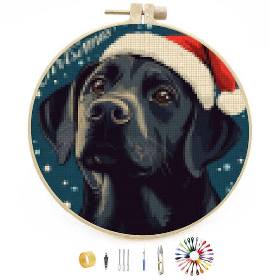 Merry Christmas Labrador Dog DIY Stamped Cross Stitch Kits Easy for Beginners with Hoop 11CT Counted Embroidery Needlepoint Crafts Arts for Handmade Enthusiasts and Home Decor 30x30cm(10)