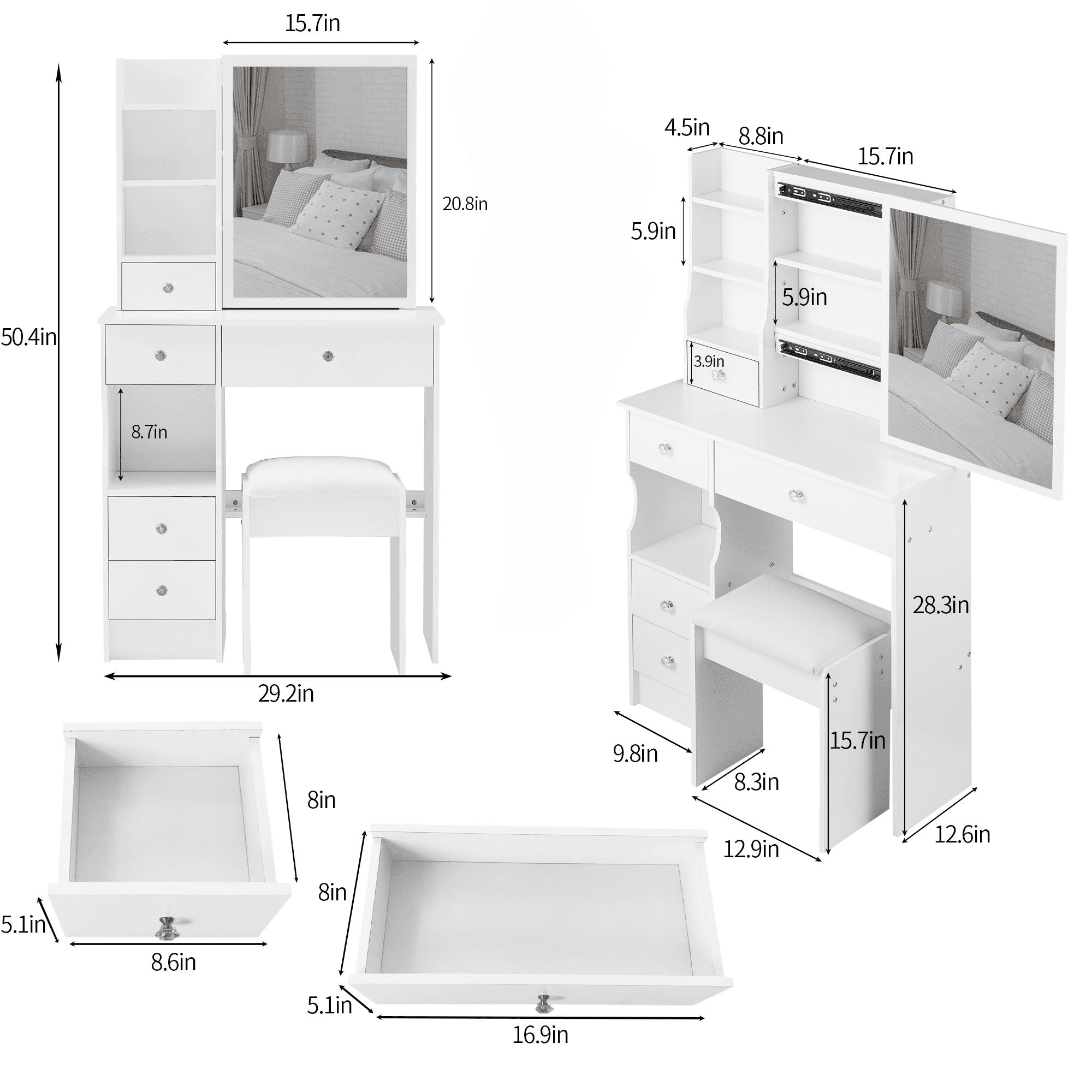 29.2" Small Space Left Drawer Desktop Vanity Table + Cushioned Stool, Extra Large Right sliding mirror, Multi Layer High Capacity Storage, Practical Fashionable Dresser