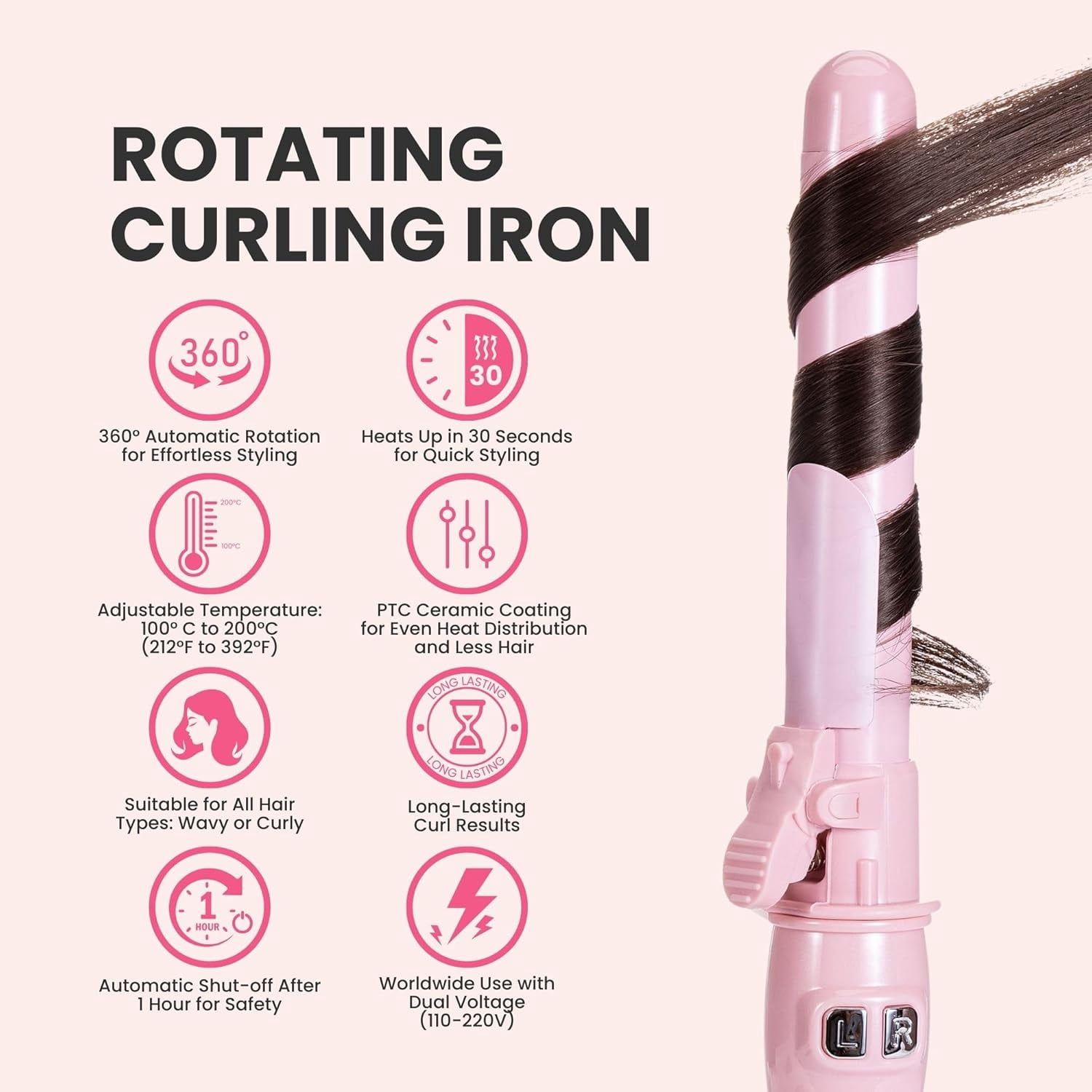 Automatic Rotating Curling Iron, 1.1-Inch Auto Hair Curler with 4 Temperature Settings & LCD Display, Anti-Scald & Dual Voltage