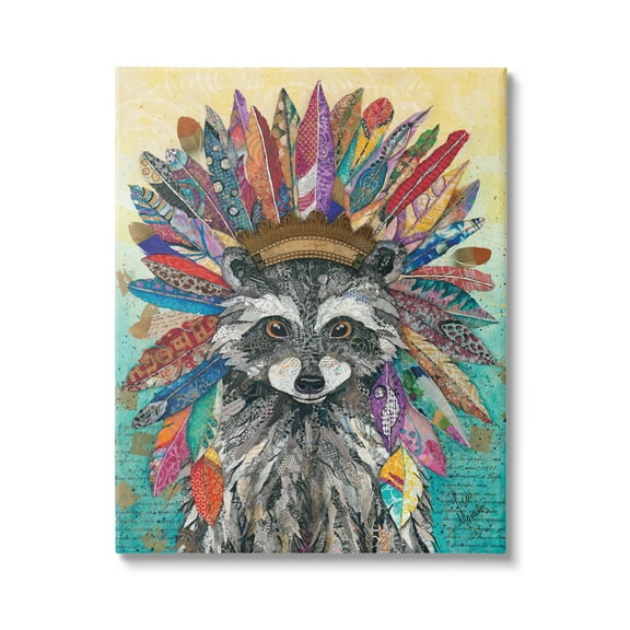 Stupell Industries Bold Tribal Raccoon Mixed Ephemera Collage Painting Painting Gallery Wrapped Canvas Print Wall Art, Design by Lisa Morales