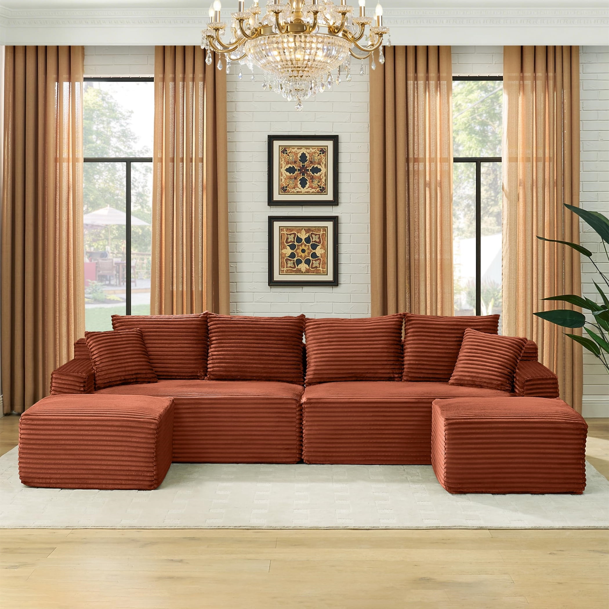 Aukfa 115" Cloud Sectional Sofa U Shape Modular Boneless Couch for Living Room, 2 Ottoman&Pillows, Corduroy, Orange