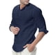 thumbnail image 1 of Blusa y camisa de manga larga con cuello alto para hombre, holgada, de algodón y lino, lisa, de manga corta, con cuello en V., 1 of 4