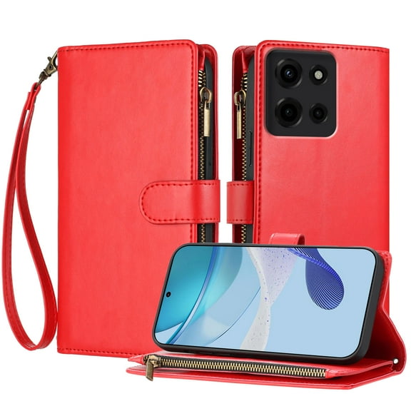 Compatible with Motorola Moto G 5G 2025 Wallet Case, [9 Card Slots] [Cash Pocket] [Zipper Pocket] Removable Adjustable Crossbody Strap Wrist Strap Magnetic PU Leather Kickstand Case, Red
