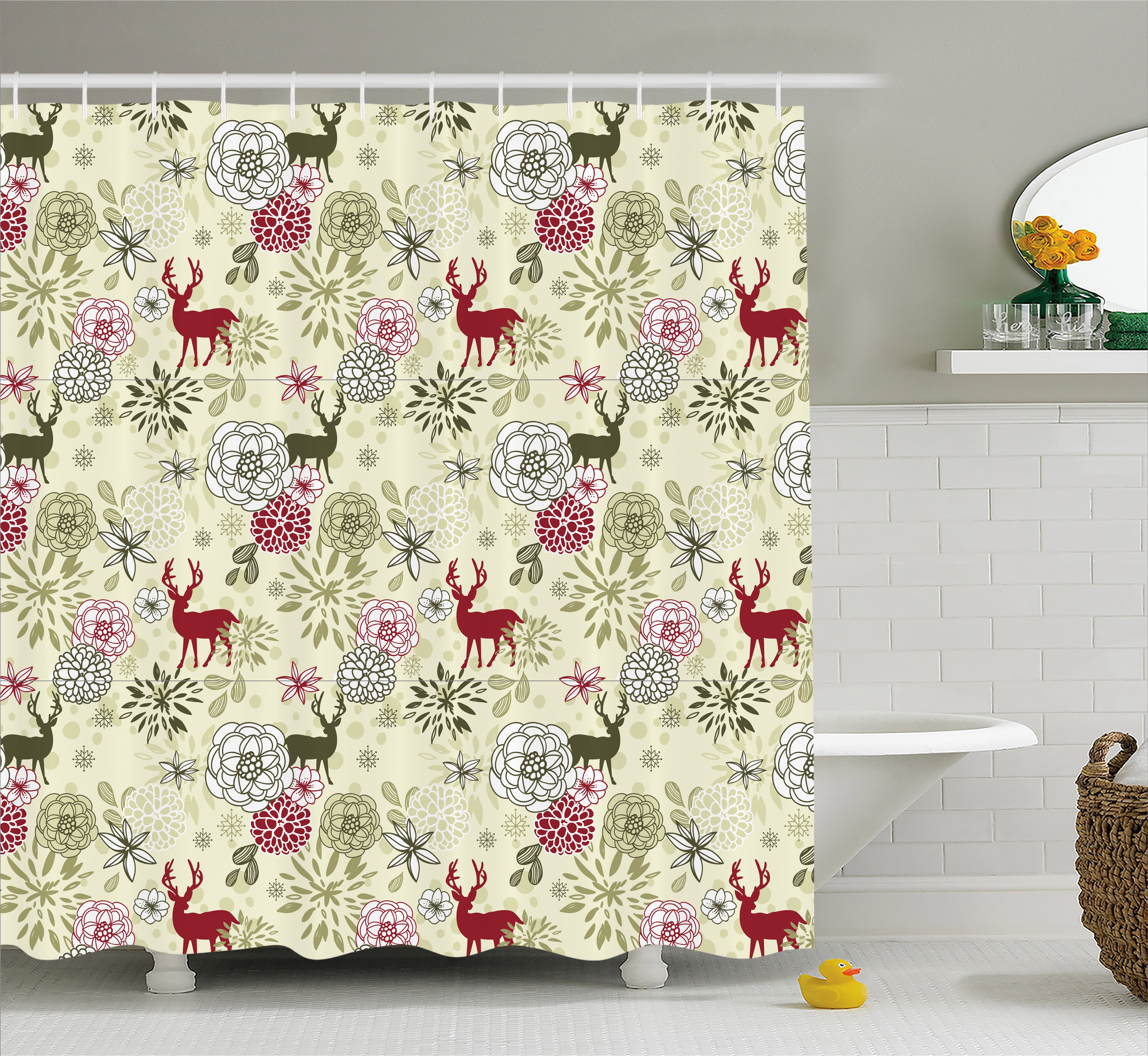 Winter Shower Curtain, Deer Silhouettes with Blossoming Flowers ...